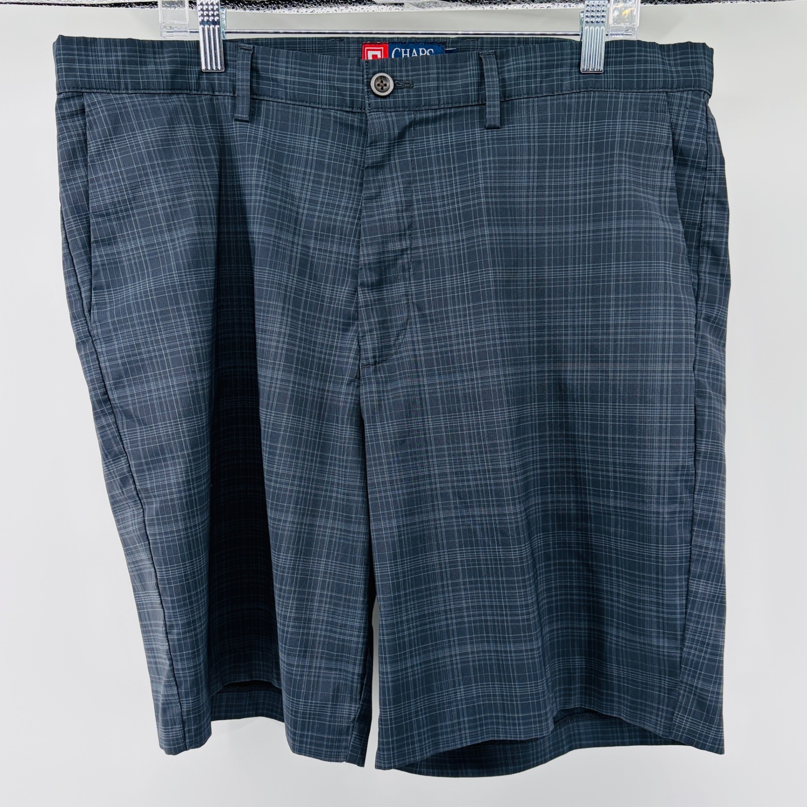 Chaps Mens 38 Performance Plaid Shorts Blue Stretch Flat Front Golf Fishing